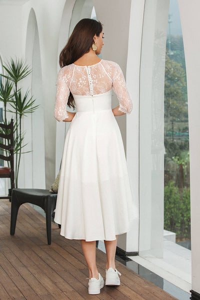 Zapaka Women Simple White Lace Sleeves High Low Graduation Dress Bateau Neck Bridal Shower Party Dress – ZAPAKA NZ