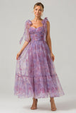 Purple A Line Pleated Printed Tea-Length Ball Dress