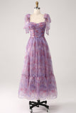 Purple Printed A Line Pleated Long Ball Dress