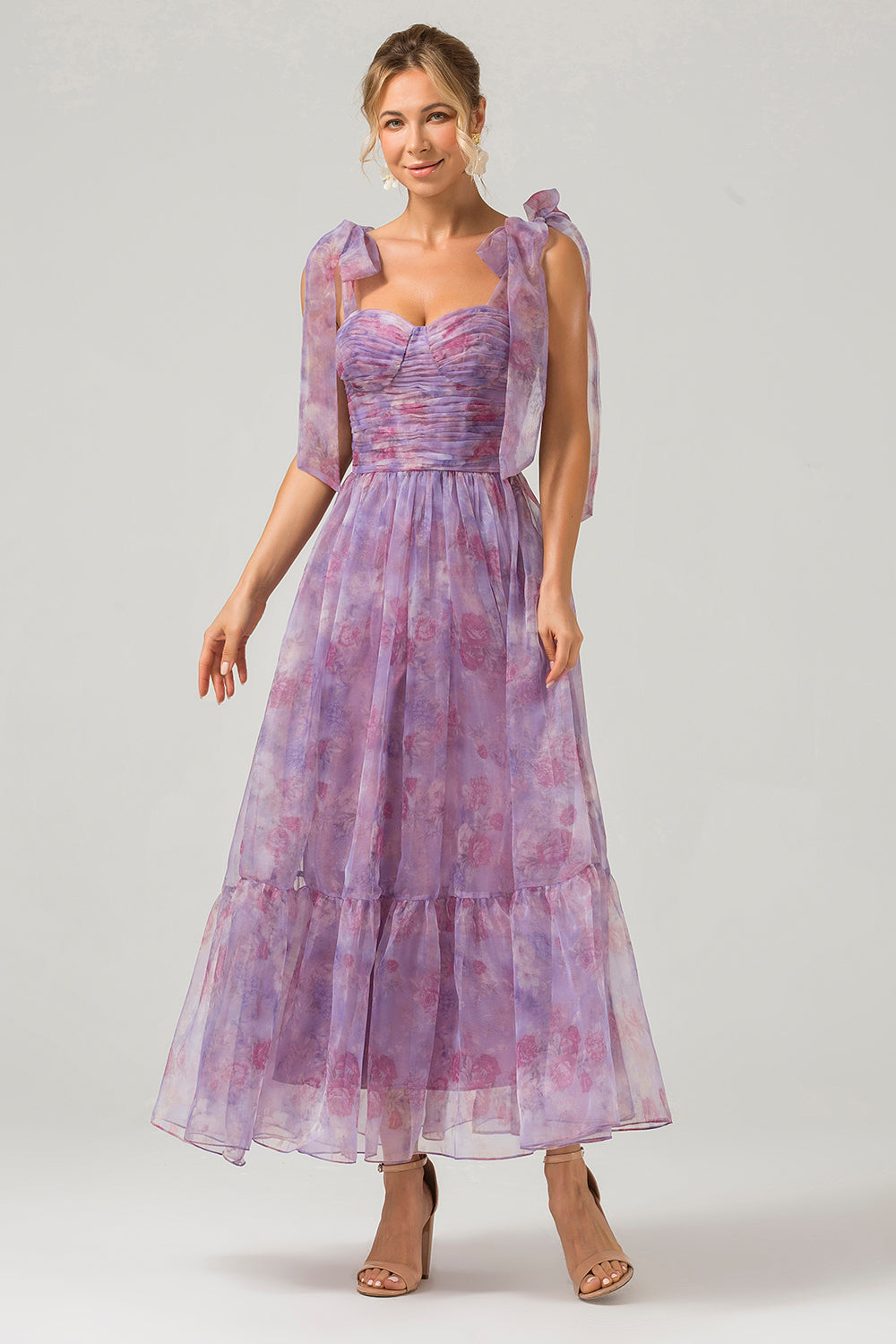 Purple A Line Pleated Printed Tea-Length Ball Dress
