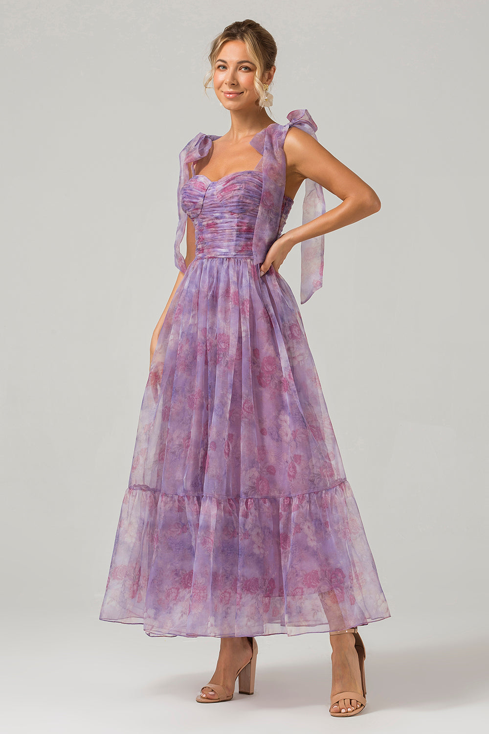 Purple A Line Pleated Printed Tea-Length Ball Dress