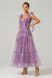 Purple A Line Pleated Printed Tea-Length Ball Dress