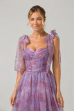 Purple A Line Pleated Printed Tea-Length Ball Dress