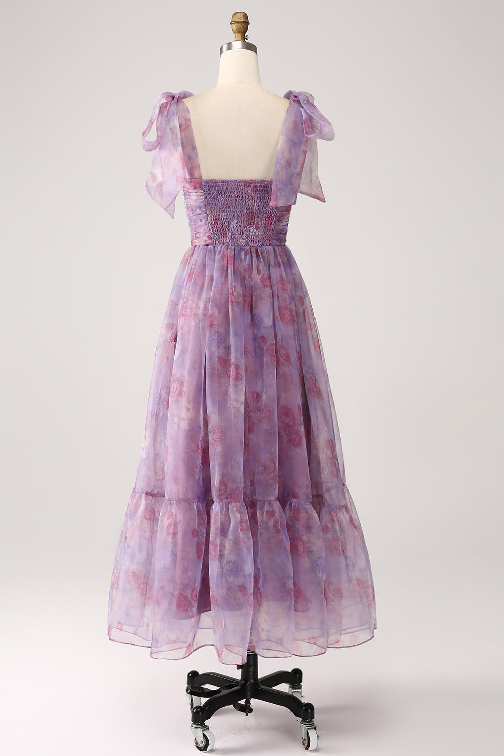Purple Printed A Line Pleated Long Ball Dress