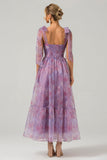 Purple A Line Pleated Printed Tea-Length Ball Dress
