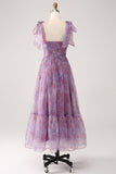 Purple Printed A Line Pleated Long Ball Dress