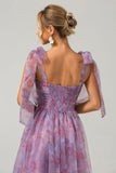 Purple A Line Pleated Printed Tea-Length Ball Dress