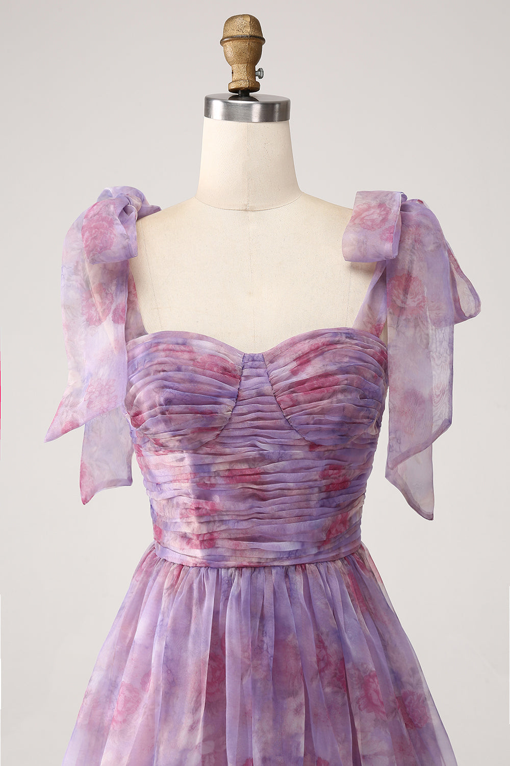 Purple Printed A Line Pleated Long Ball Dress