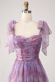 Purple Printed A Line Pleated Long Ball Dress