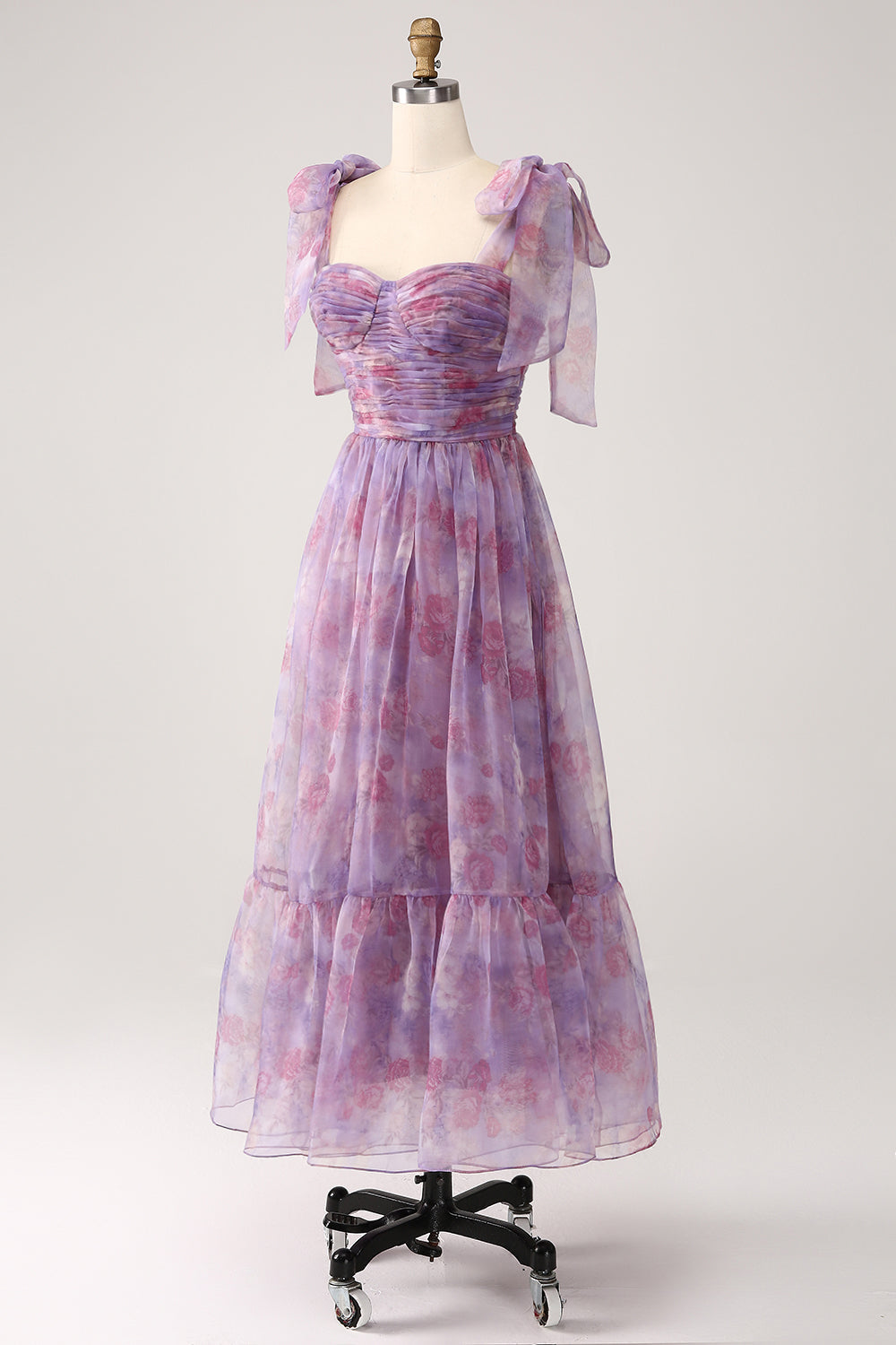 Purple Printed A Line Pleated Long Ball Dress