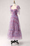 Purple Printed A Line Pleated Long Ball Dress