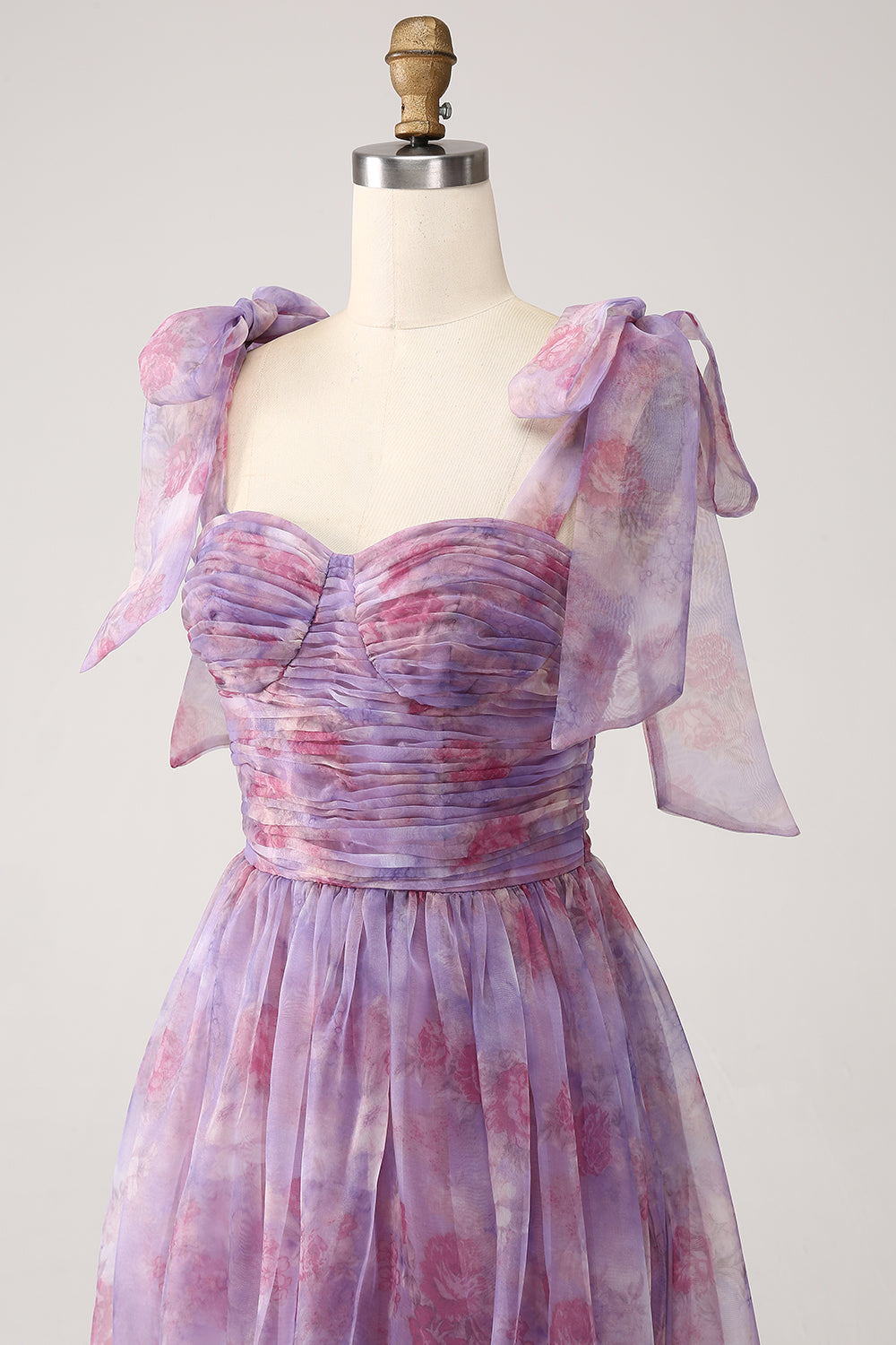 Purple Printed A Line Pleated Long Ball Dress