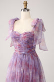 Purple Printed A Line Pleated Long Ball Dress