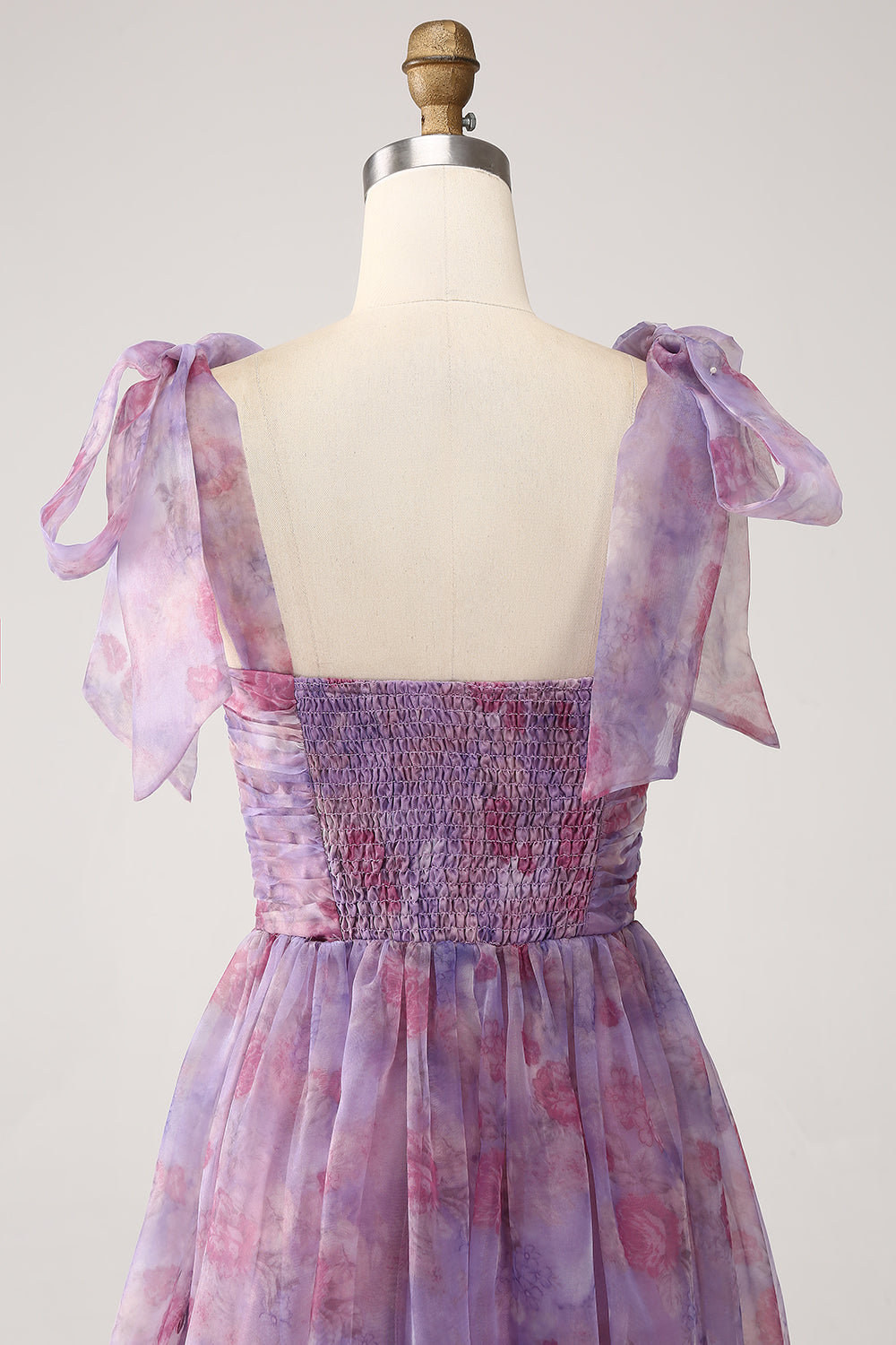 Purple Printed A Line Pleated Long Ball Dress