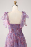 Purple Printed A Line Pleated Long Ball Dress
