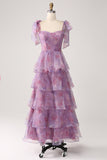 A Line Tiered Purple Printed Tea-Length Long Ball Dress