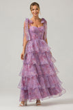 A Line Purple Printed Tiered Tea-Length Long Ball Dress