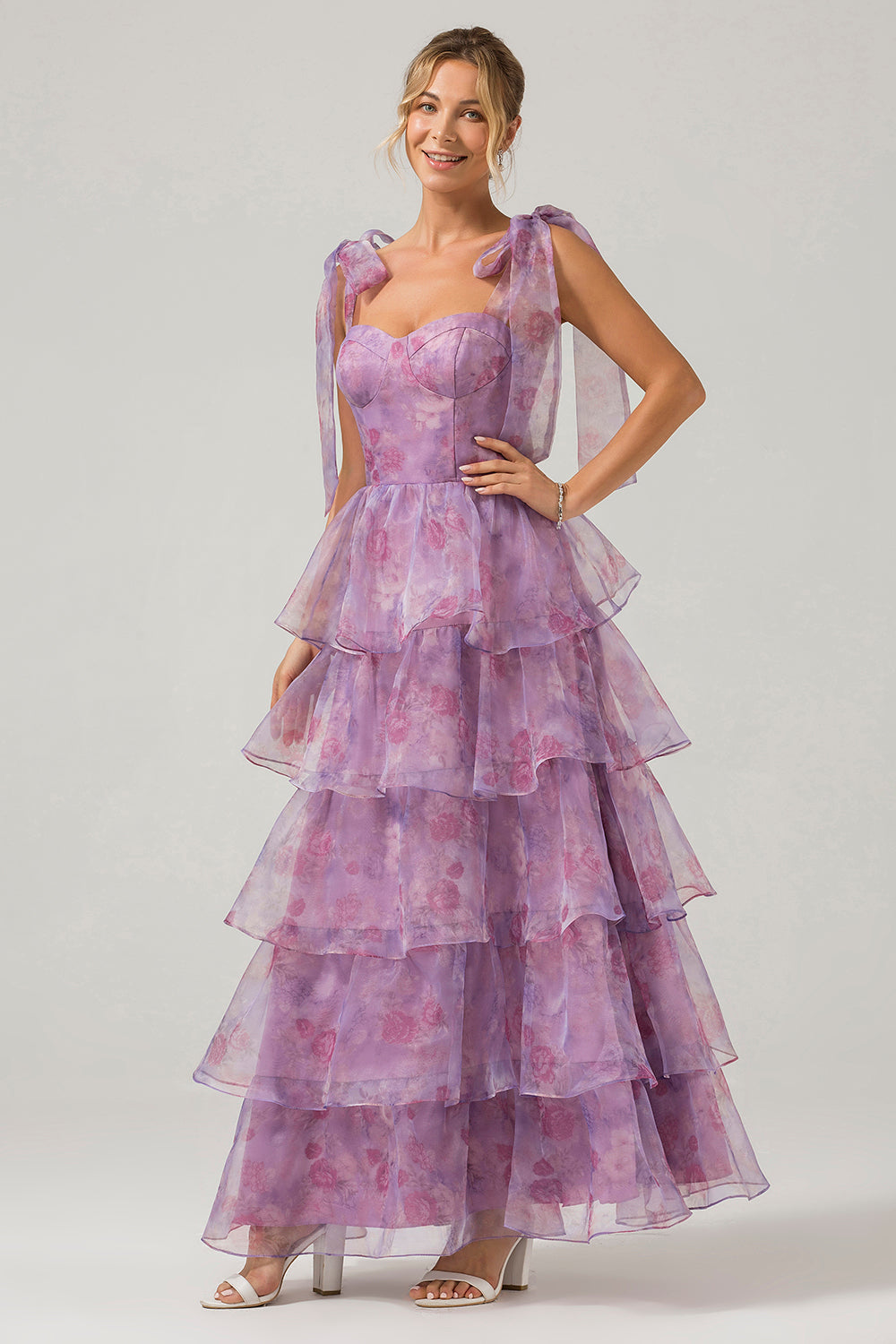 A Line Purple Printed Tiered Tea-Length Long Ball Dress