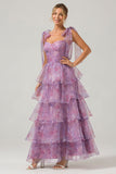 A Line Purple Printed Tiered Tea-Length Long Ball Dress