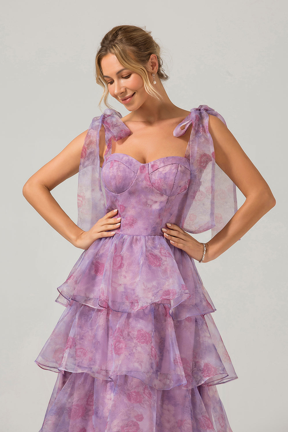 A Line Purple Printed Tiered Tea-Length Long Ball Dress