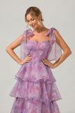 A Line Purple Printed Tiered Tea-Length Long Ball Dress