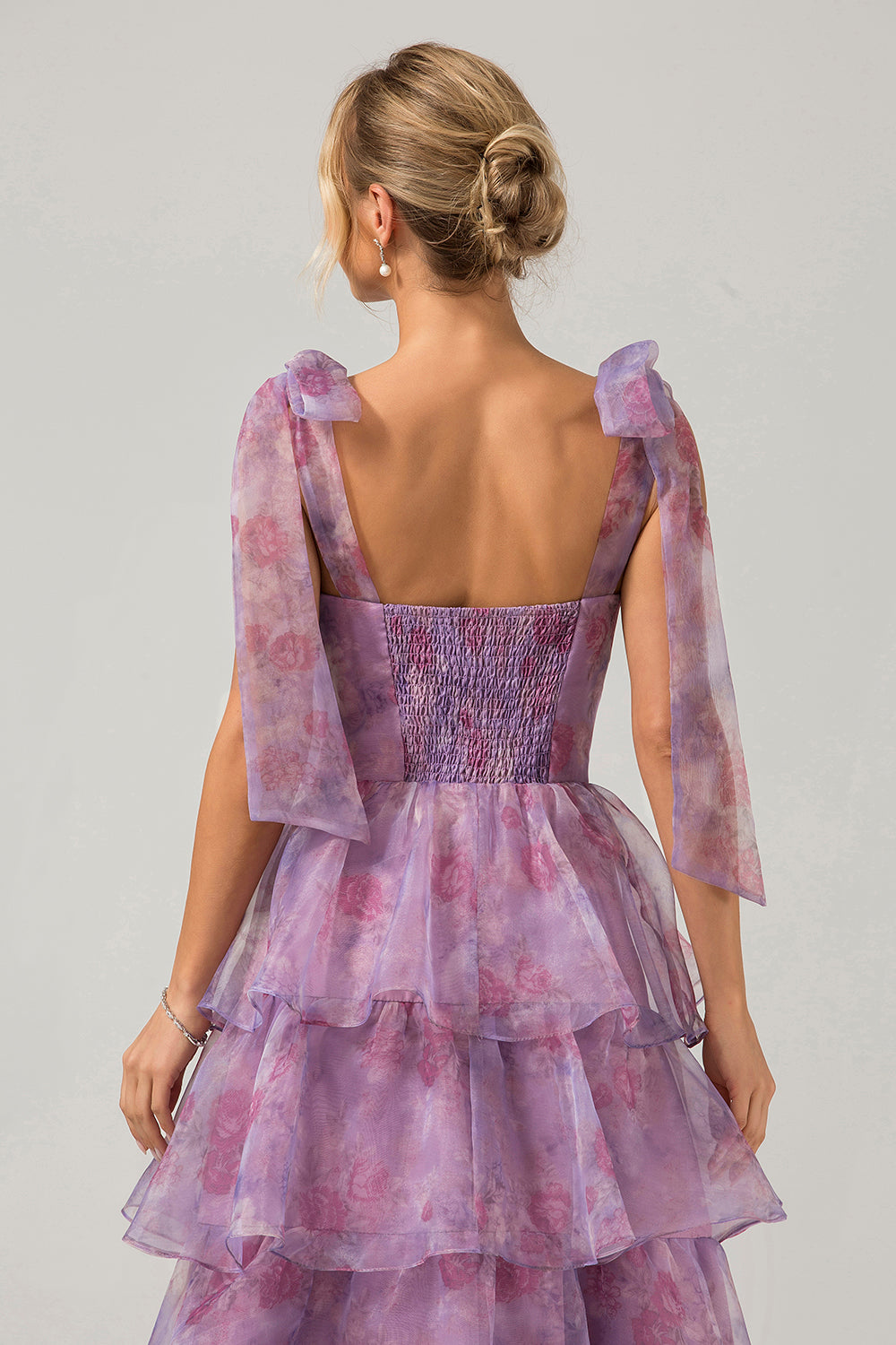 A Line Purple Printed Tiered Tea-Length Long Ball Dress