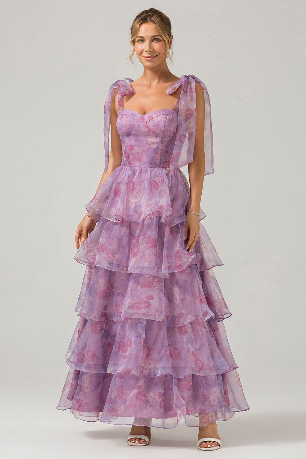 A Line Purple Printed Tiered Tea-Length Long Ball Dress