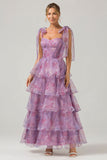A Line Purple Printed Tiered Tea-Length Long Ball Dress