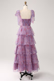 A Line Tiered Purple Printed Tea-Length Long Ball Dress