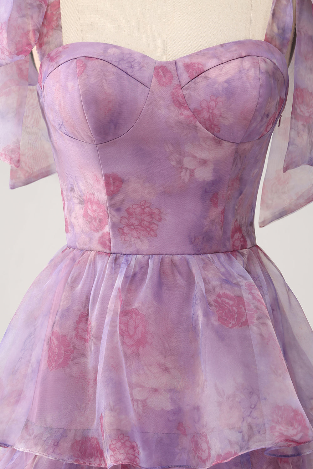 A Line Tiered Purple Printed Tea-Length Long Ball Dress