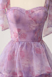 A Line Tiered Purple Printed Tea-Length Long Ball Dress