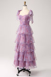 A Line Tiered Purple Printed Tea-Length Long Ball Dress