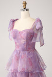 A Line Tiered Purple Printed Tea-Length Long Ball Dress