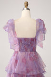 A Line Tiered Purple Printed Tea-Length Long Ball Dress