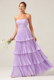 A-Line Sweetheart Tiered Chiffon Long Lilac Bridesmaid Dress with Pleats