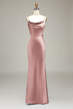 Dusty Blue Sheath Spaghetti Straps Satin Long Bridesmaid Dress