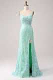 Green Mermaid Spaghetti Straps Sequins Long Ball Dress with Slit
