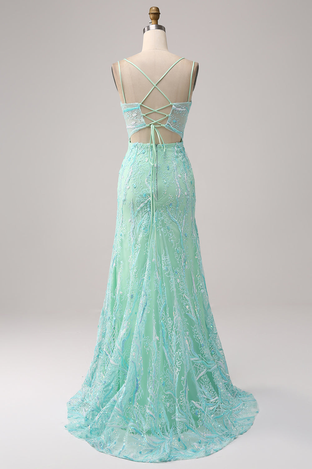 Green Mermaid Spaghetti Straps Sequins Long Ball Dress with Slit