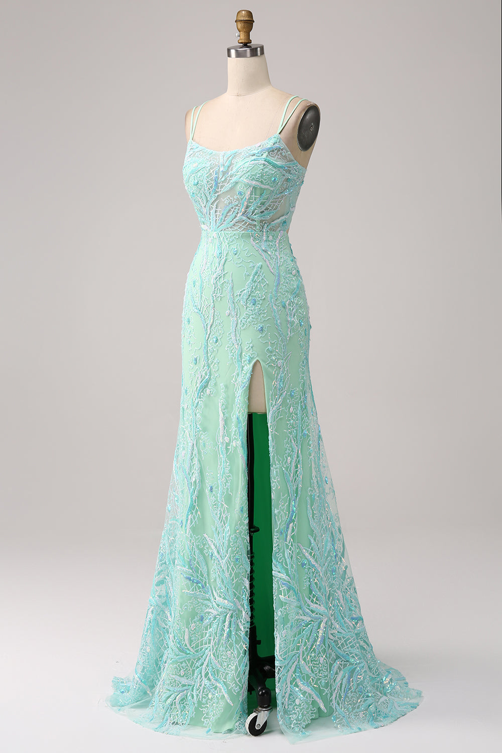 Green Mermaid Spaghetti Straps Sequins Long Ball Dress with Slit