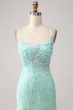 Green Mermaid Spaghetti Straps Sequins Long Ball Dress with Slit