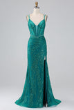 Dark Green Sparkly Mermaid Spaghetti Straps Corset Ball Dress With Slit