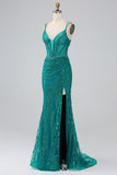 Dark Green Sparkly Mermaid Spaghetti Straps Corset Ball Dress With Slit
