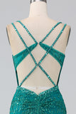Dark Green Sparkly Mermaid Spaghetti Straps Corset Ball Dress With Slit