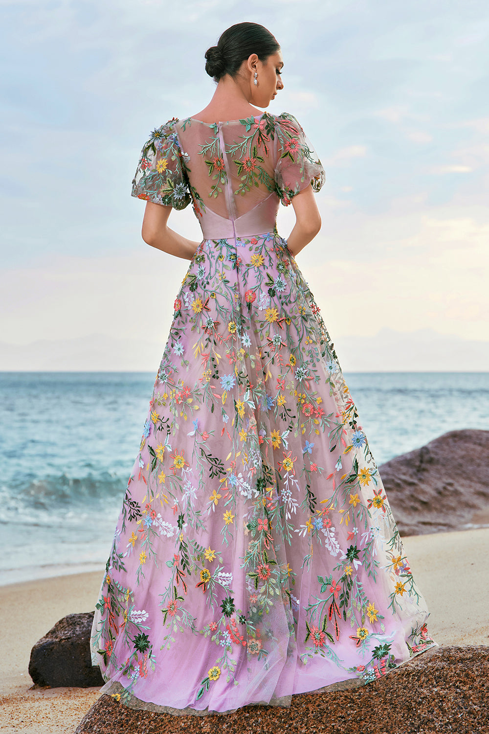 Princess Mauve Floral Embroidered Prom Dress with Short Sleeves