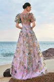 Princess Mauve Floral Embroidered Prom Dress with Short Sleeves