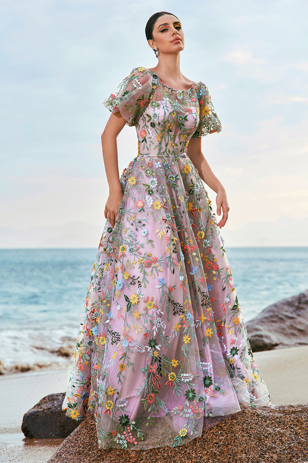 Princess Mauve Floral Embroidered Prom Dress with Short Sleeves