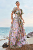 Princess Mauve Floral Embroidered Prom Dress with Short Sleeves