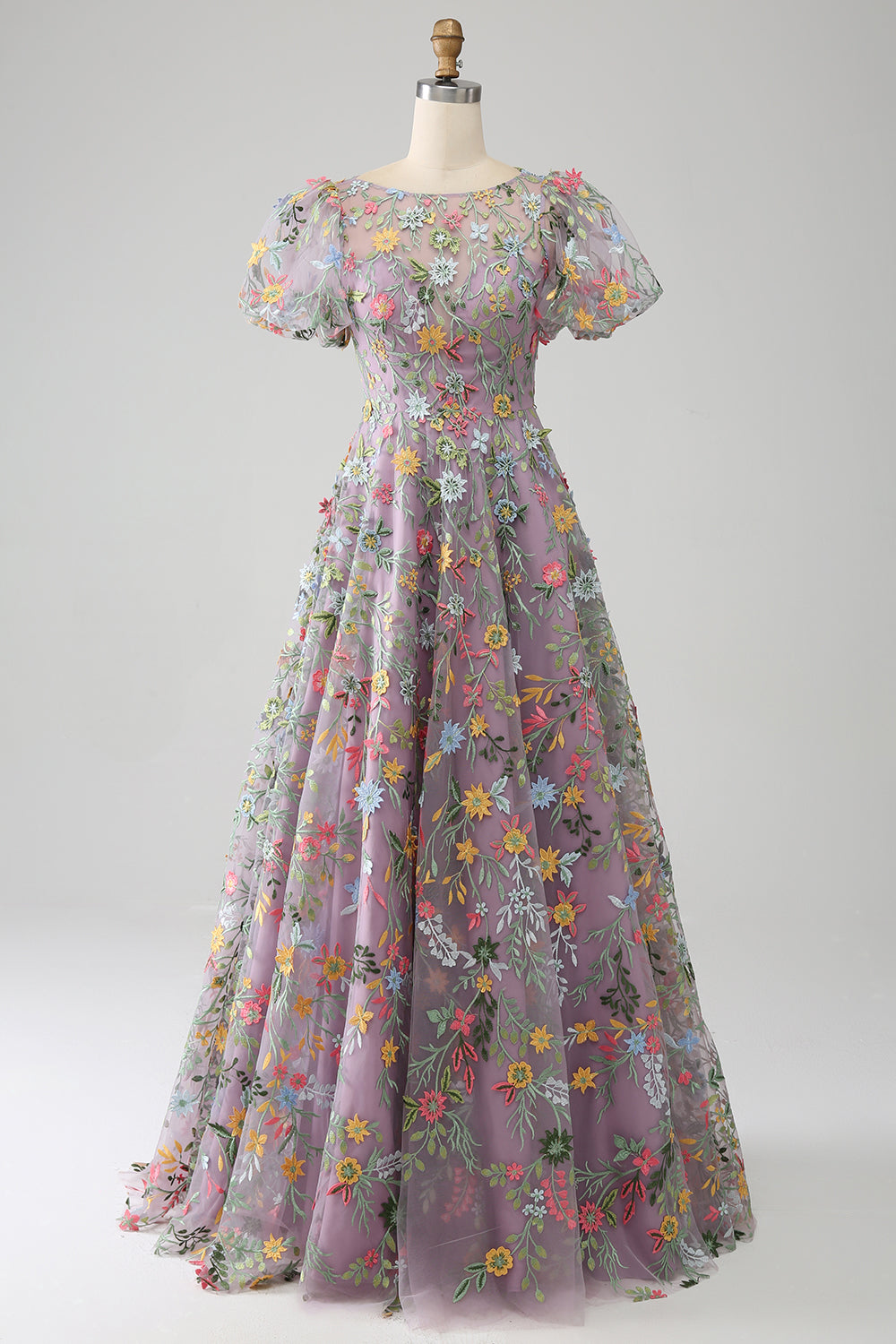 Princess Mauve Floral Embroidered Prom Dress with Short Sleeves