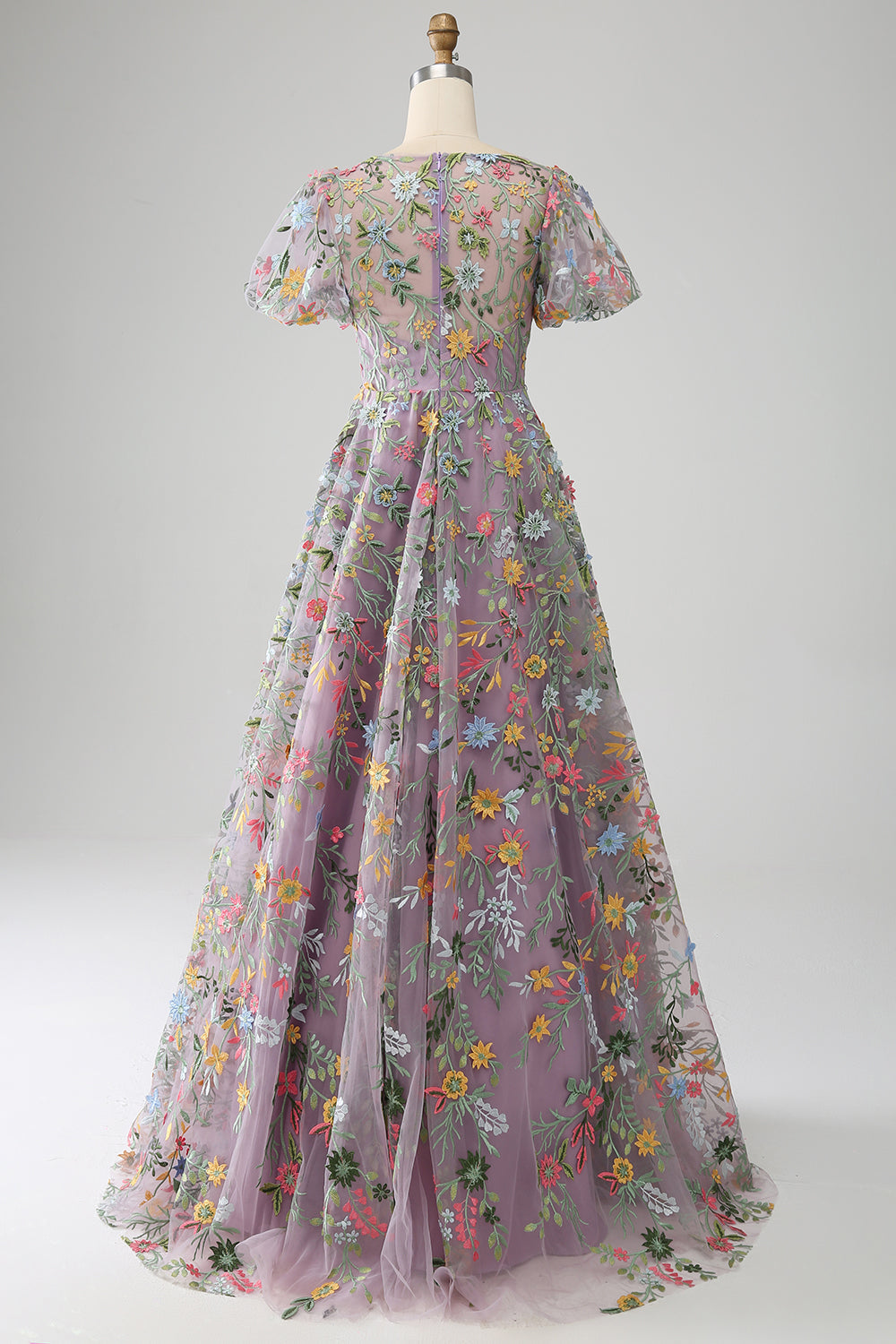 Princess Mauve Floral Embroidered Prom Dress with Short Sleeves
