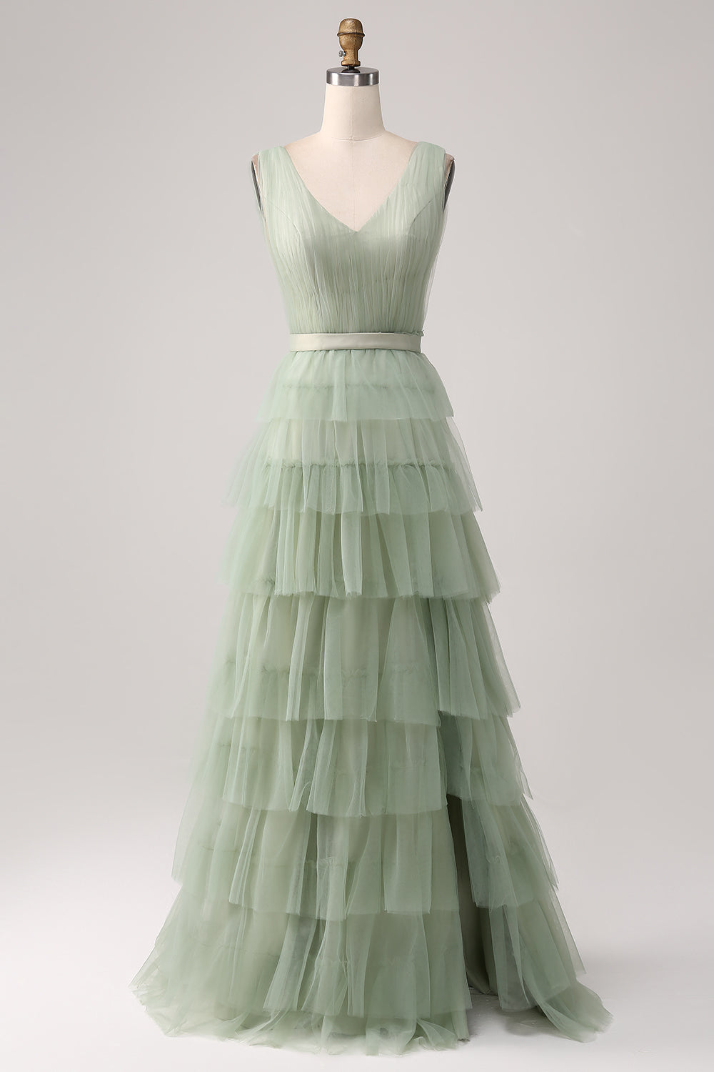 Pleated Tiered Green Ball Dress with Slit